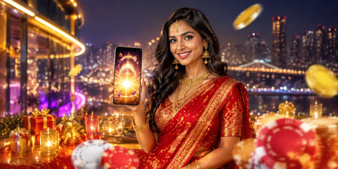 Female user enjoying casino app on mobile with traditional Indian saree in Mumbai